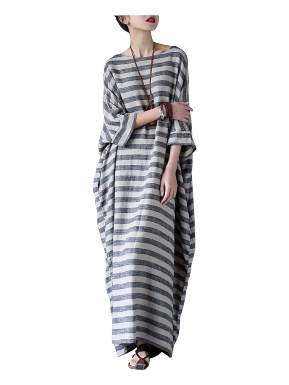 Linen Cotton Striped Caftan Maxi Dress